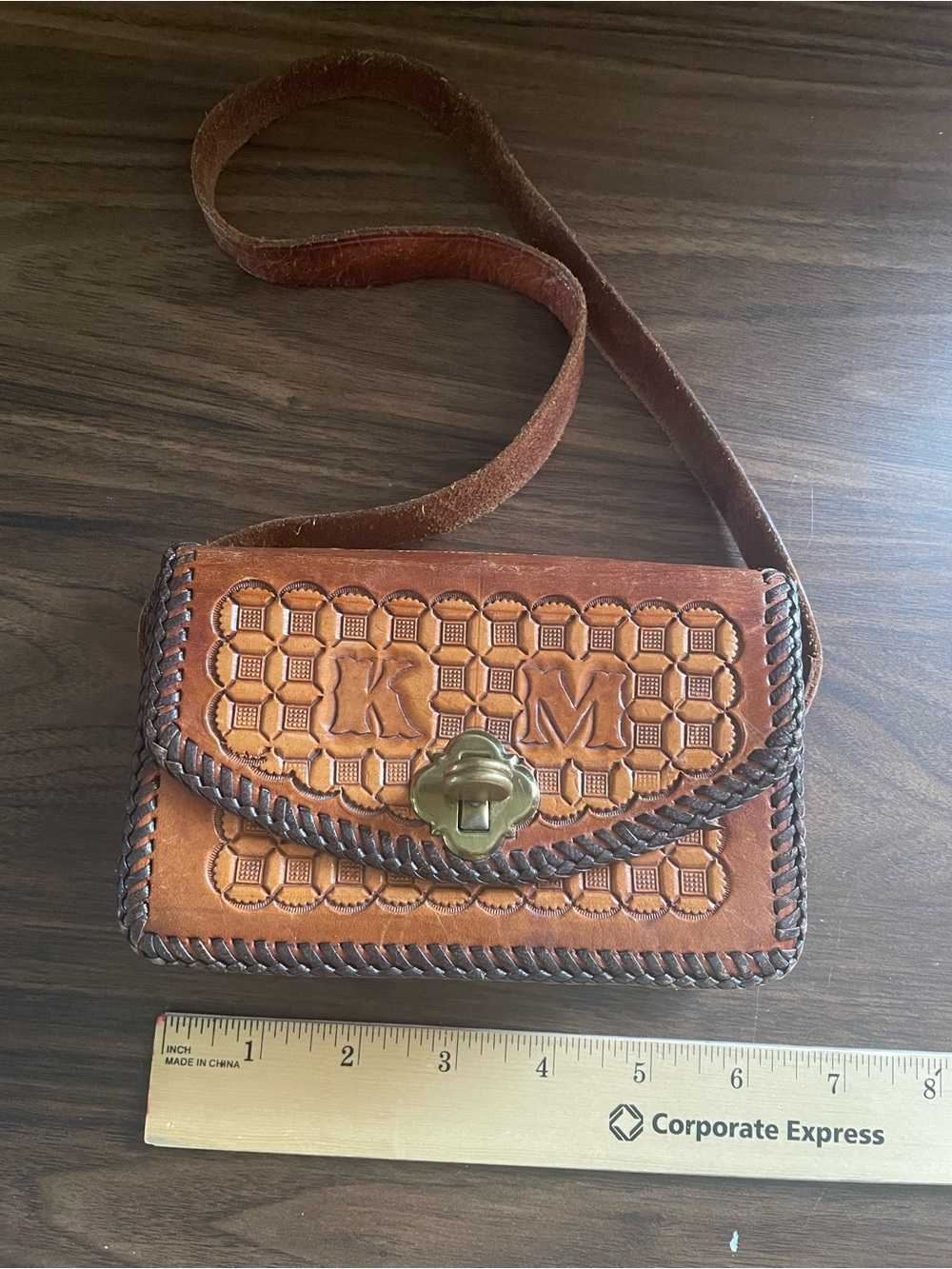 Vintage Handtooled Brown Leather Bag with Monogram